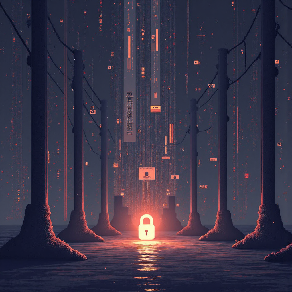 An abstract digital illustration depicting a stylized lock representing a public key open to receive data with a glowing keyhole radiating soft light in a modern tech-infused environment with a muted color palette