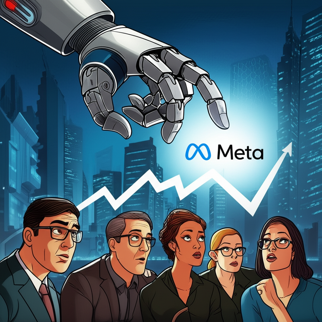 AI巨型機器手壓低Meta股價圖表，投資人擔憂觀望的未來城市景觀插圖