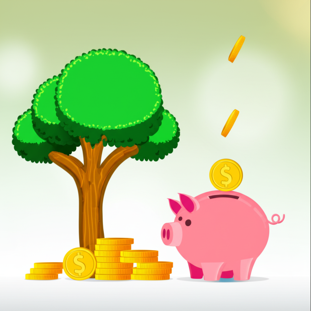成長中的金錢樹與硬幣掉入存錢筒的插圖,代表股息股票帶來的穩定現金流與長期成長