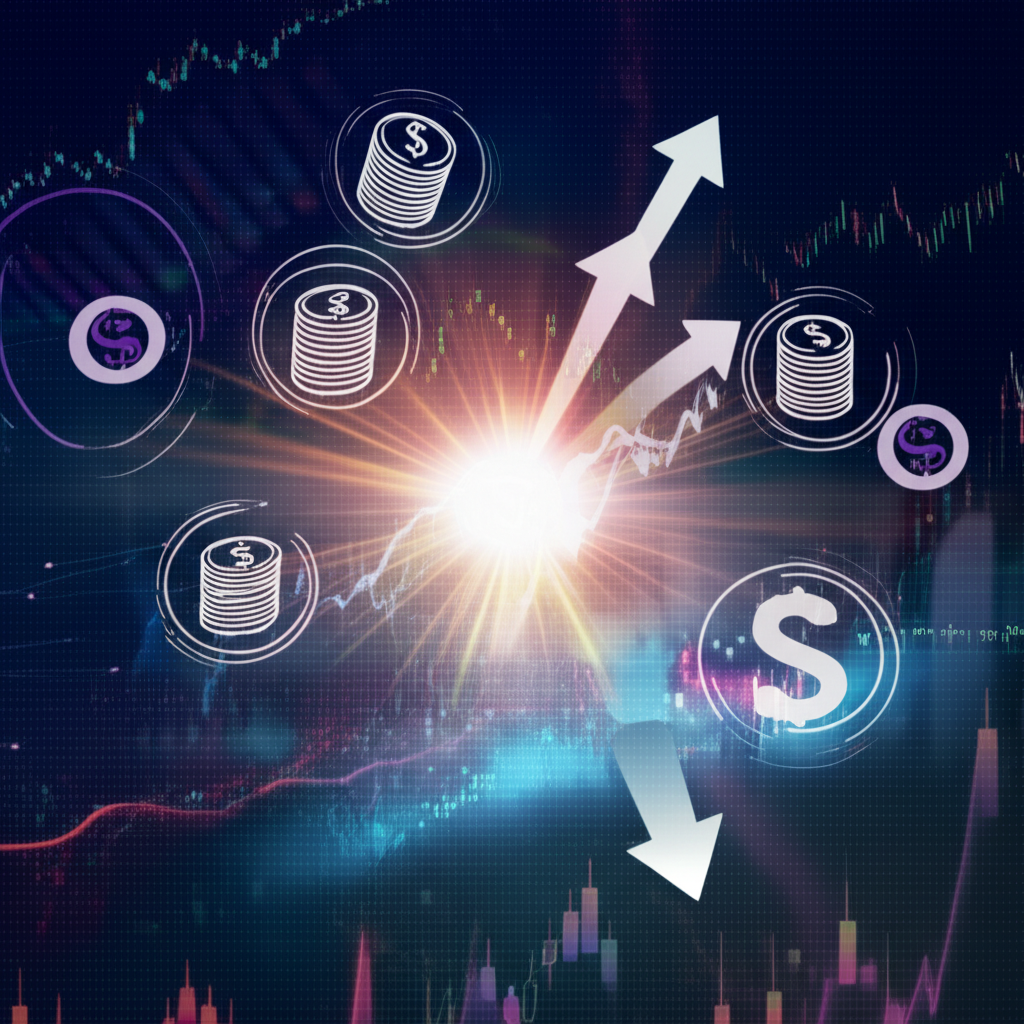 現代投資策略插圖,展示股票圖表、股息圖標與成長箭頭在動態金融市場匯聚