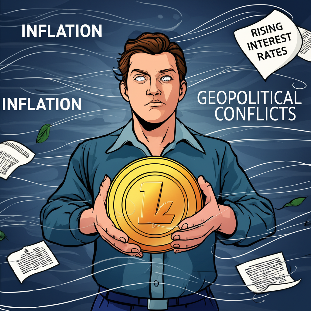 投資者手持黃金幣抵抗通膨和地緣政治風暴的象徵