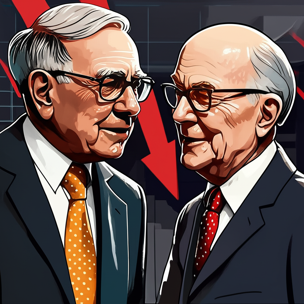 華倫·巴菲特與馬克·墨比爾斯分享投資智慧圖像,展示逆向策略,在他人恐懼時貪婪,背景為股價下跌走勢