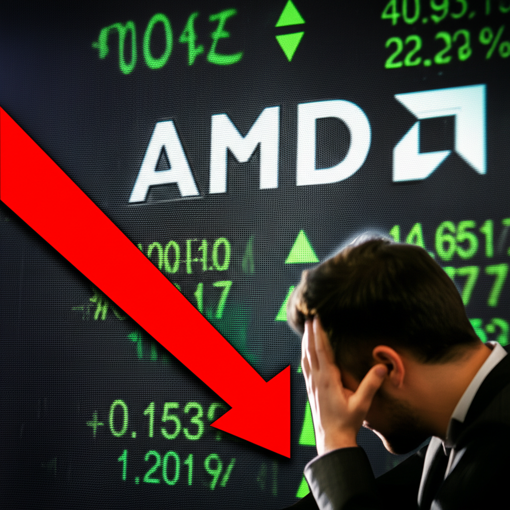 AMD 公司標誌與向下箭頭,儘管財報正面但未來指引引發投資人擔憂