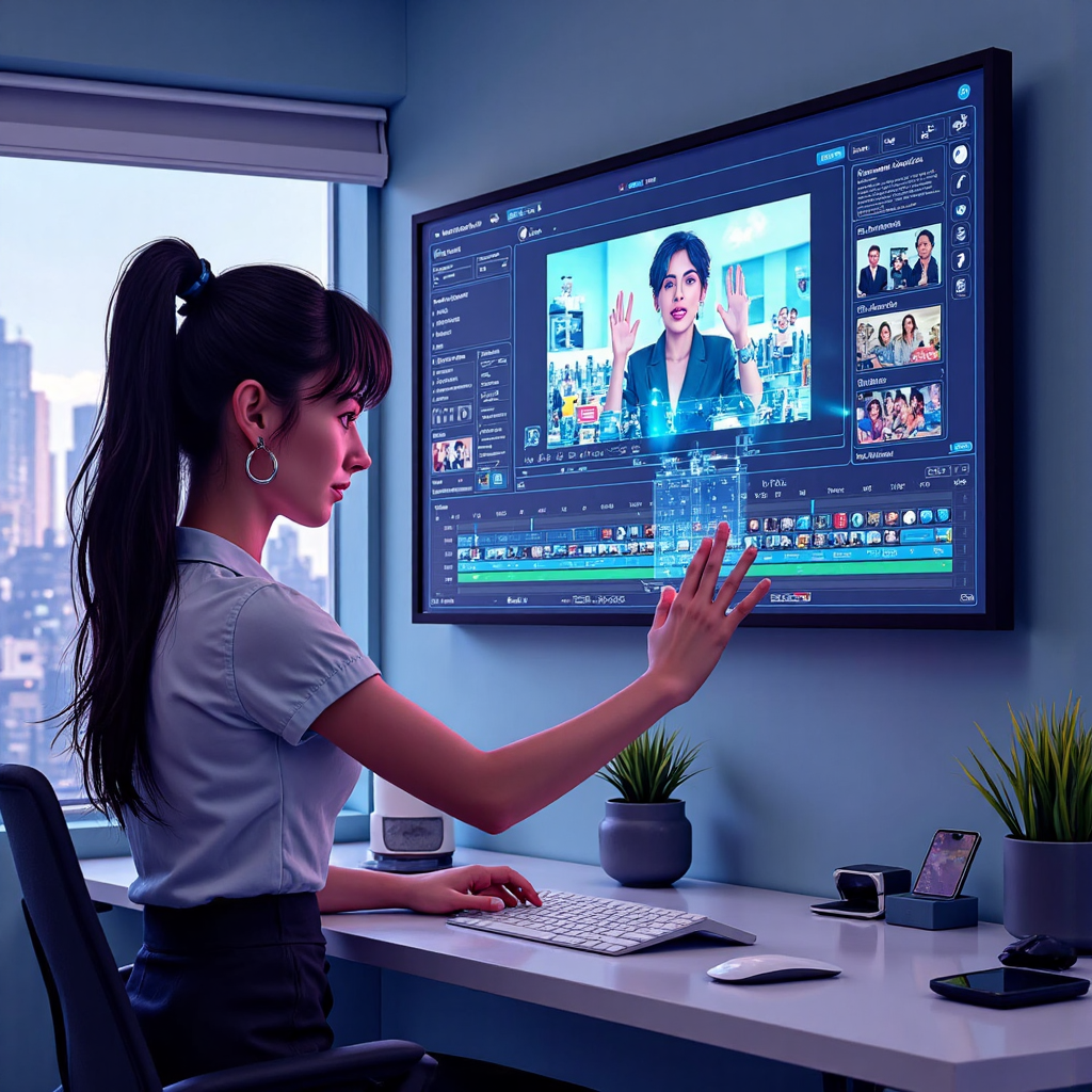 使用者透過全息介面操作 Vidya App 的 AI 影片編輯與內容創作功能插圖