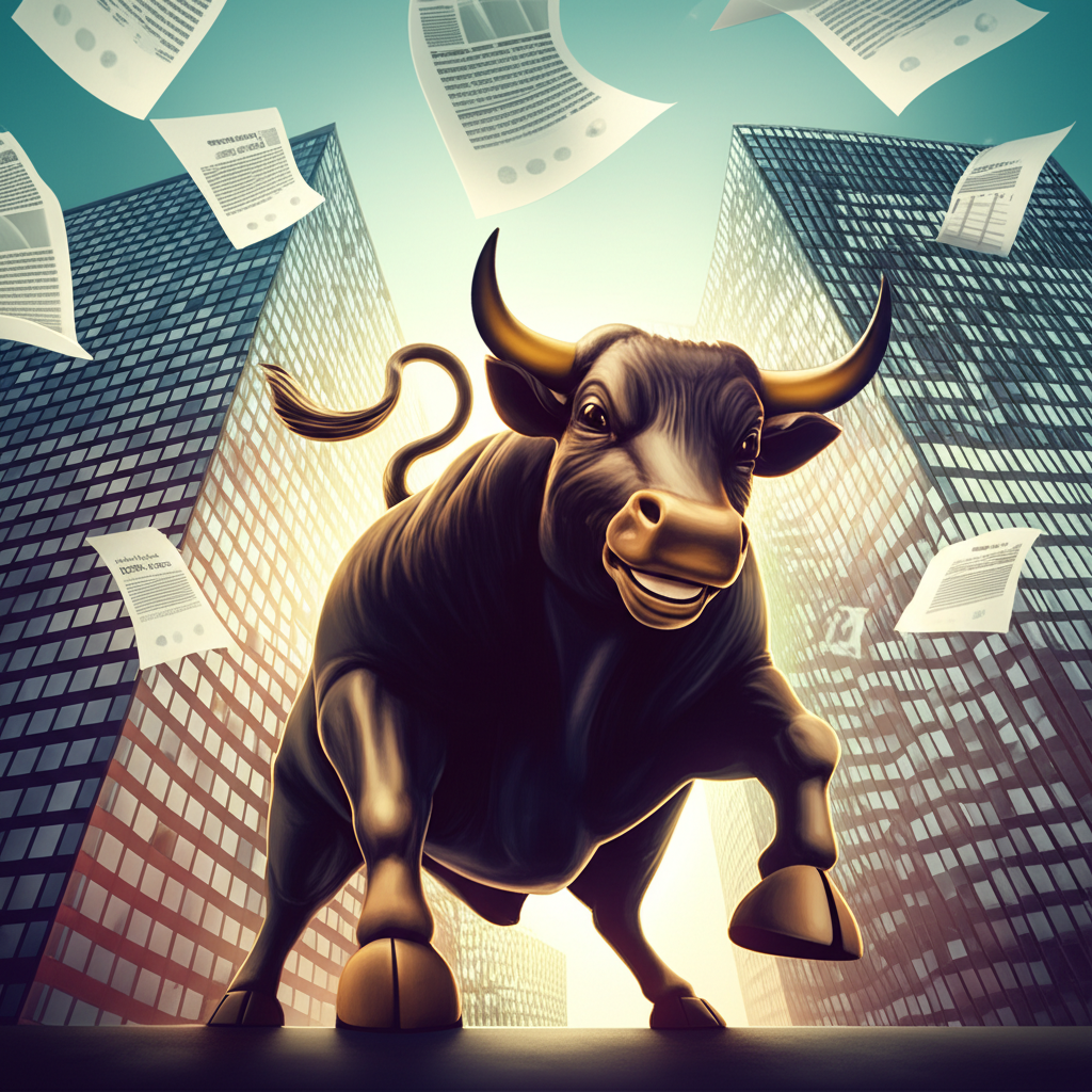 股市牛市衝擊城市景觀，伴隨正面財報飄浮，象徵強勁業績與投資者樂觀情緒