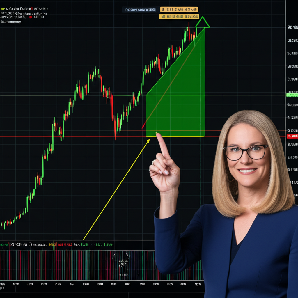 金融分析師凱蒂·史塔克頓指向航空公司股票圖表,顯示上升趨勢與明確買入訊號,伴隨各種數據指標