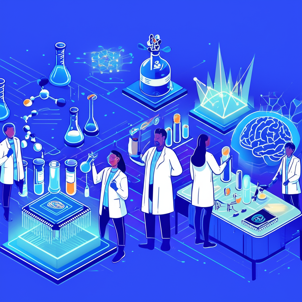 An illustration of a vibrant laboratory with scientists working on innovative drugs alongside glowing semiconductor chips and AI brains symbolizing Eli Lilly Broadcom and Nvidia's growth