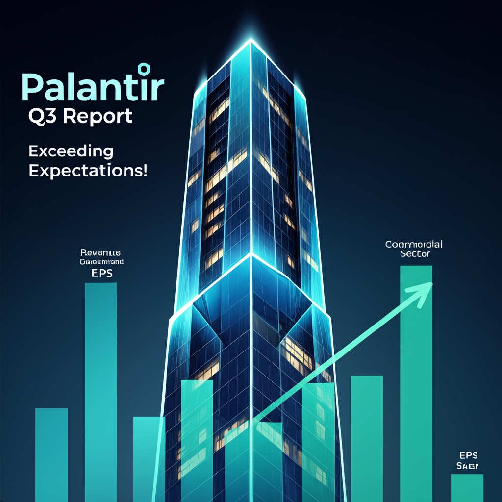 An illustration of a data analytics software giant Palantir with strong Q3 financial report numbers revenue and EPS exceeding expectations with charts showing growth in government and commercial sectors