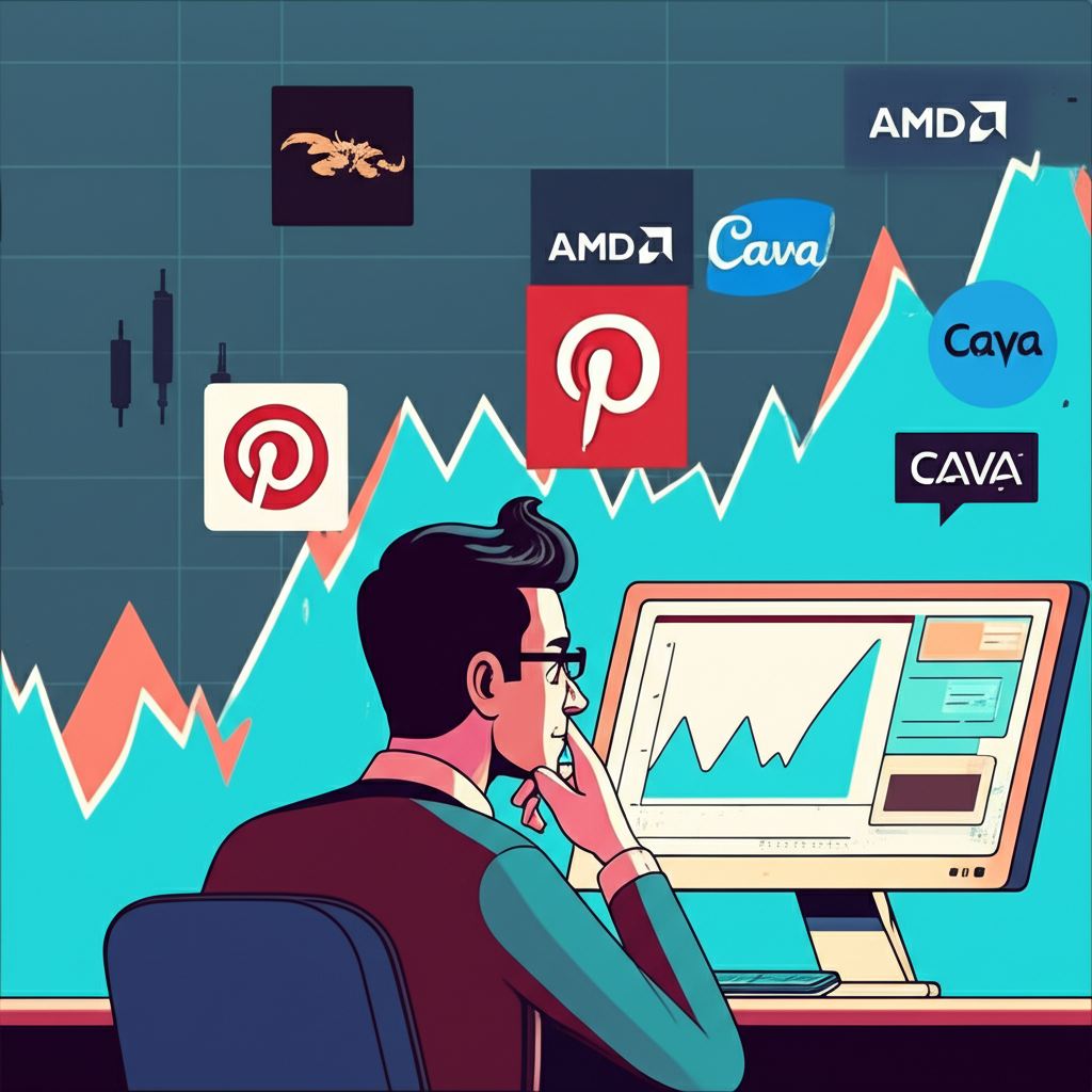財報季股市波動圖表,AMD、Pinterest、Cava 公司標誌與謹慎投資者觀看螢幕