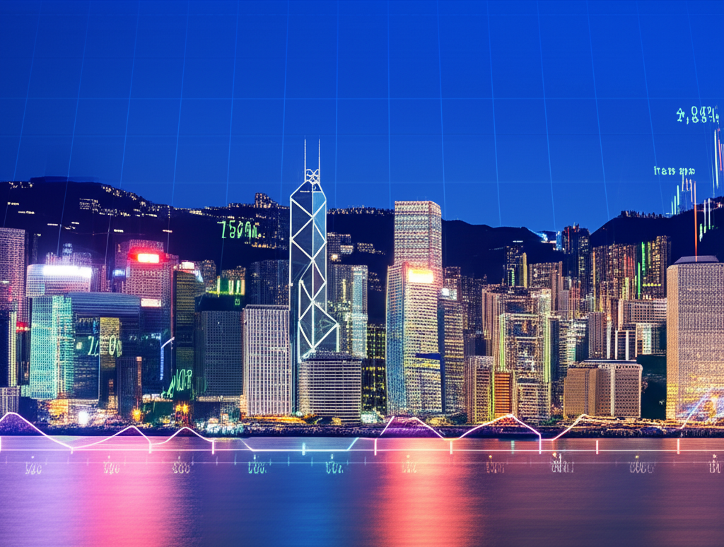 香港天際線與交易圖表插圖