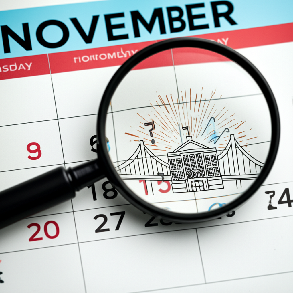 十一月日曆頁面,標註市政債券象徵如市政廳與橋樑,放大鏡顯示市場樂觀與強勁需求