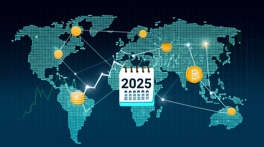 全球市場插圖,包含股票圖表、加密貨幣圖標與顯示2025年的日曆,象徵新興機會與複雜趨勢