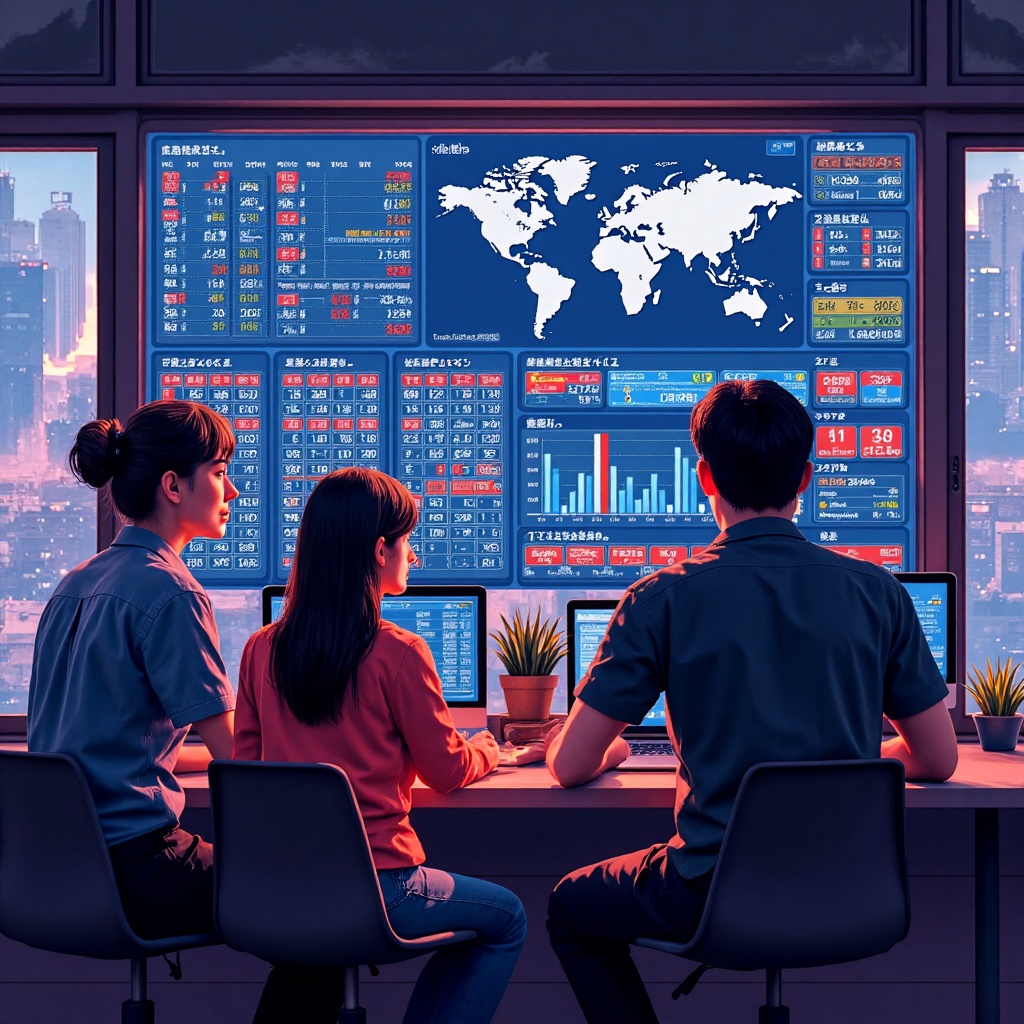 台灣投資者觀看顯示道瓊指數的全球股市圖表,充滿活力的教育資訊圖風格