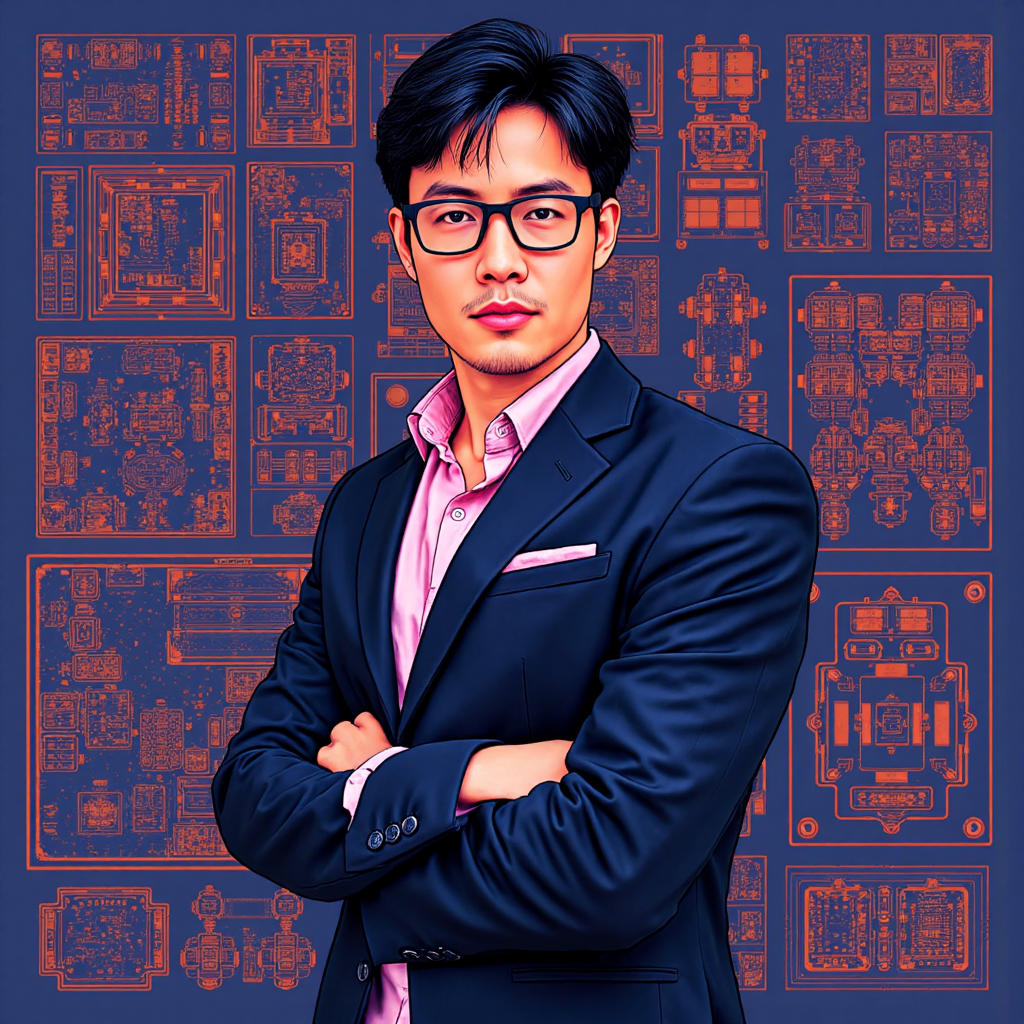 A bright vibrant illustration of a Taiwanese electronics company executive standing confidently amidst blueprint diagrams of high-speed connectors and circuit boards a warm professional atmosphere
