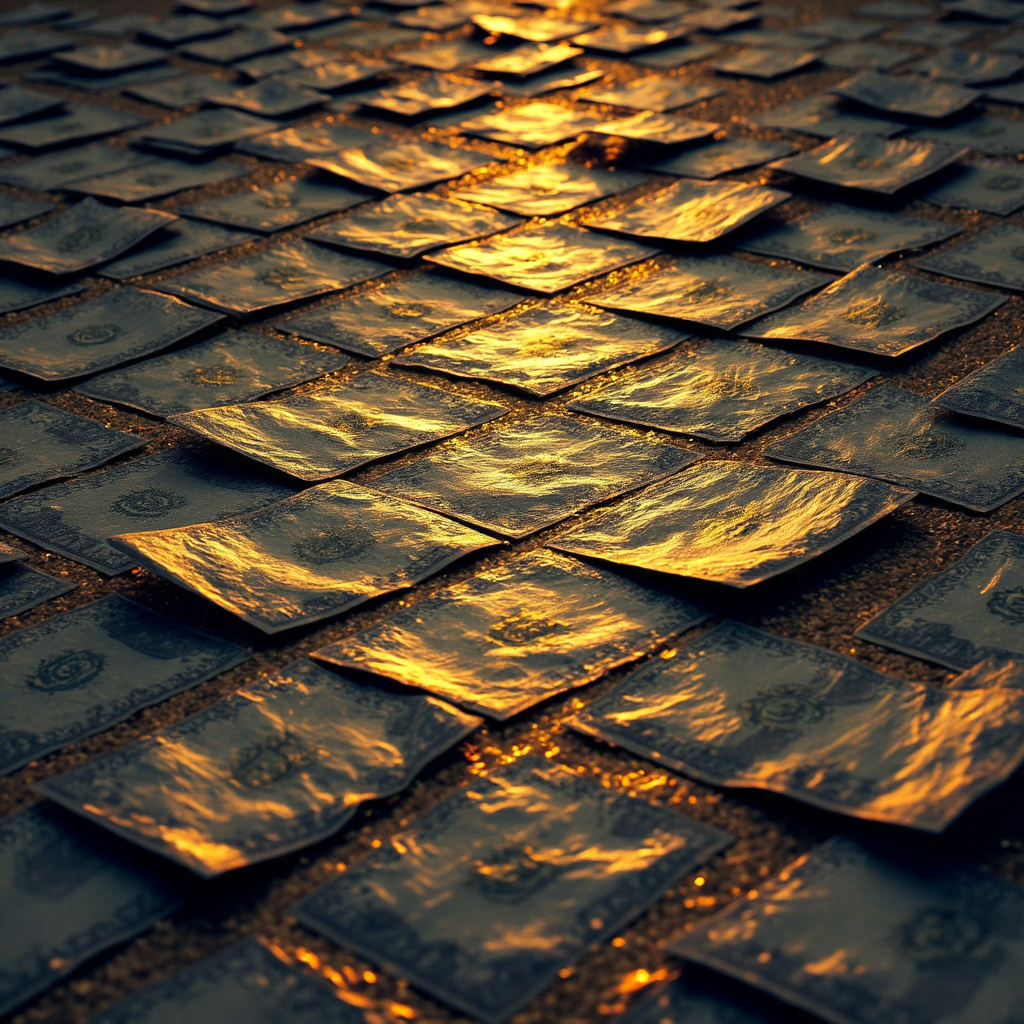 A financial market scene with glowing golden dollar bills intertwined with U.S. Treasury bond certificates depicting a complex interconnectedness with a soft, authoritative light