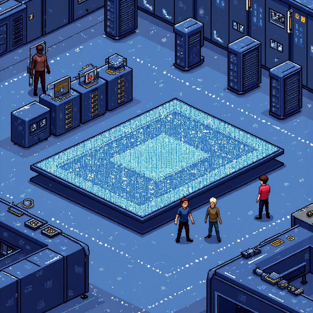Whimsical illustration depicting a tiny engineer meticulously etching intricate circuits onto a giant shimmering silicon wafer inside a vast futuristic cleanroom with soft blue lighting