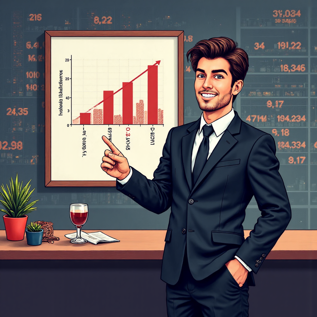 illustration of a confident investor pointing to a simplified financial chart showing high shareholders' equity return amidst a bustling stock market background