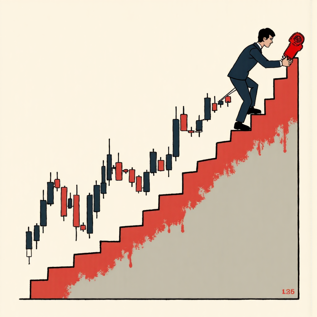 a whimsical illustration of a stock market graph with a giant red brake lever gently pulling down to pause its steep descent depicting a playful yet urgent market pause