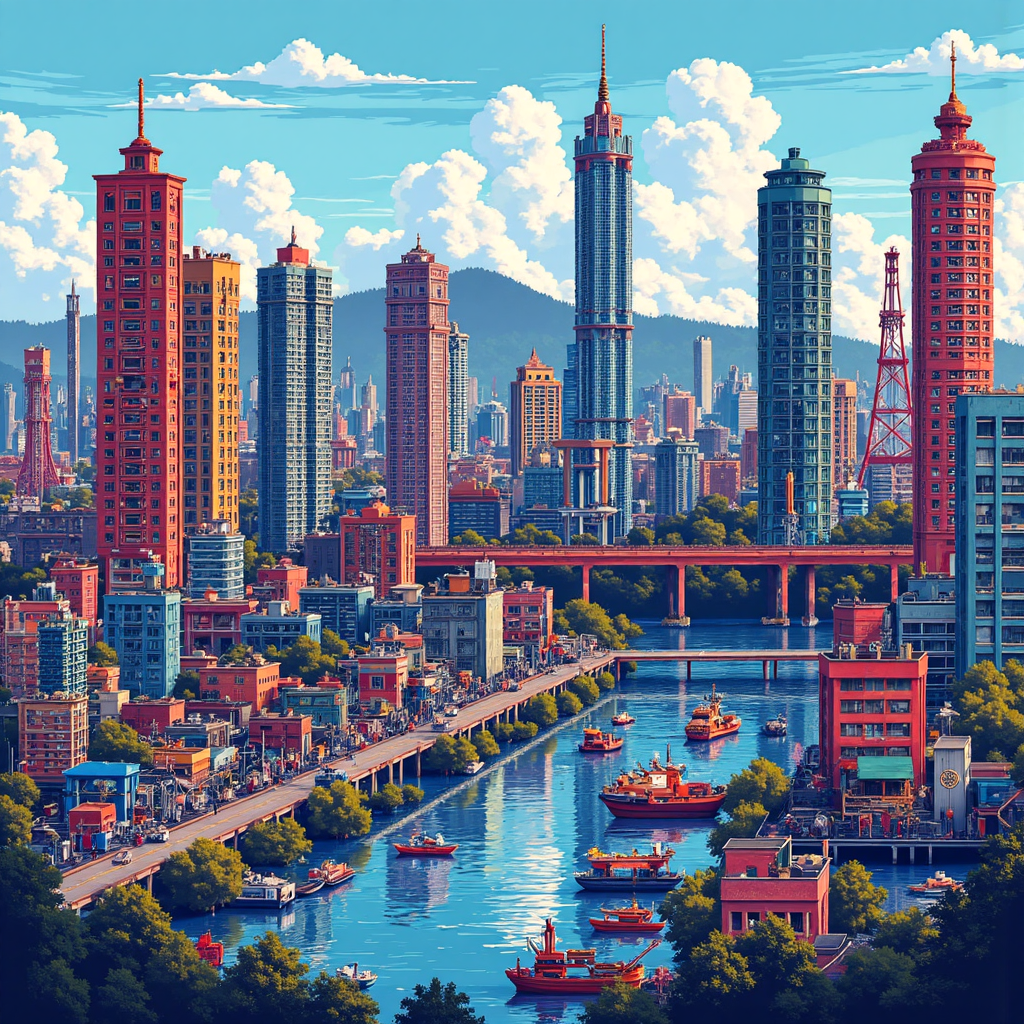 A whimsical illustration of a Taiwanese electronics component distributor acting as a bridge connecting towering abstract semiconductor factories with diverse downstream electronic product assembly lines vibrant colors and dynamic energy