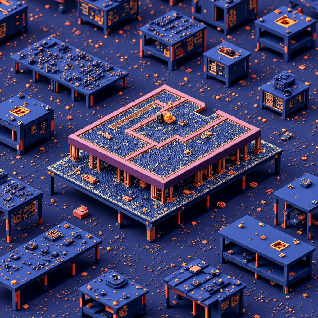 Charming storyboard illustration showing a cross-section of a complex integrated circuit revealing layers of interconnected microscopic pathways representing advanced semiconductor manufacturing processes