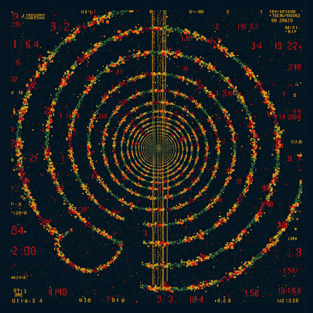 illustration golden ratio spiral emanating from mathematical numbers flowing into stock market charts with subtle green and red hues