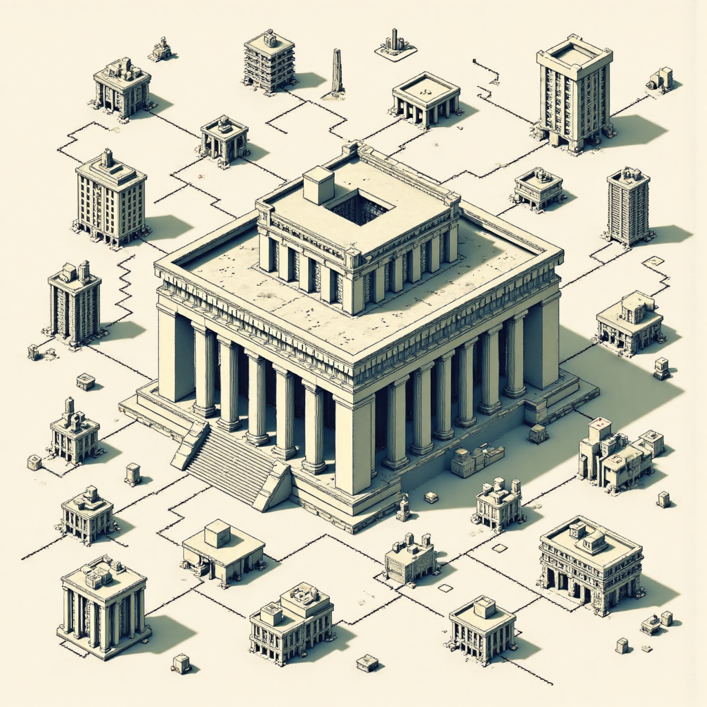a detailed infographic style illustration showing a central bank building with gears and financial charts flowing outwards representing monetary policy decisions
