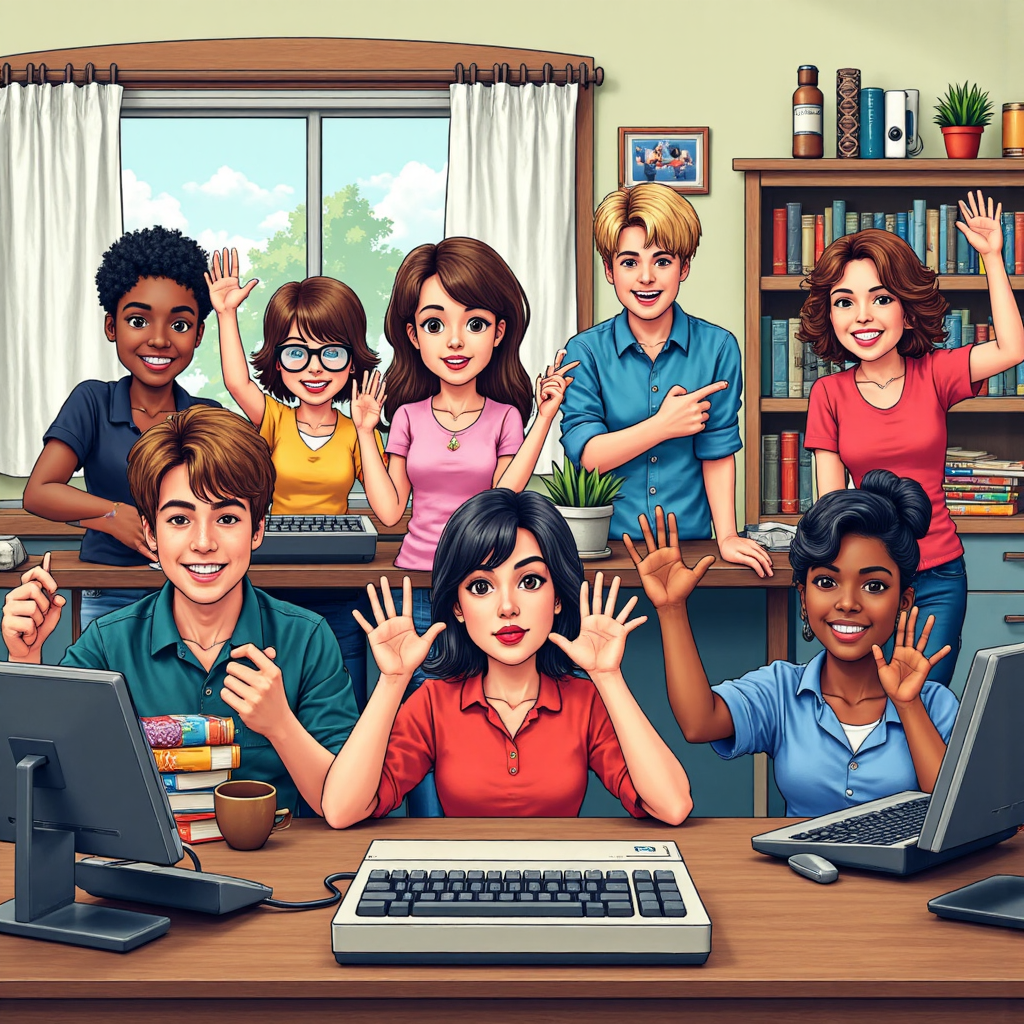 A colorful and exciting illustration of the Apple II computer being used enthusiastically by a diverse group of people in a home or school setting