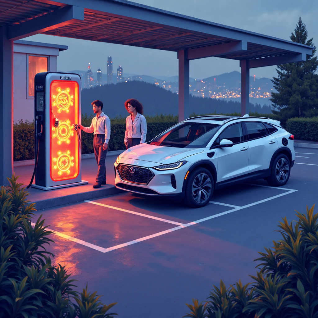 A futuristic scene with a stylized electric vehicle charging station powered by glowing energy symbols and a friendly robot assistant overseeing the process signifying a distributor's focus on new energy and automation growth sectors