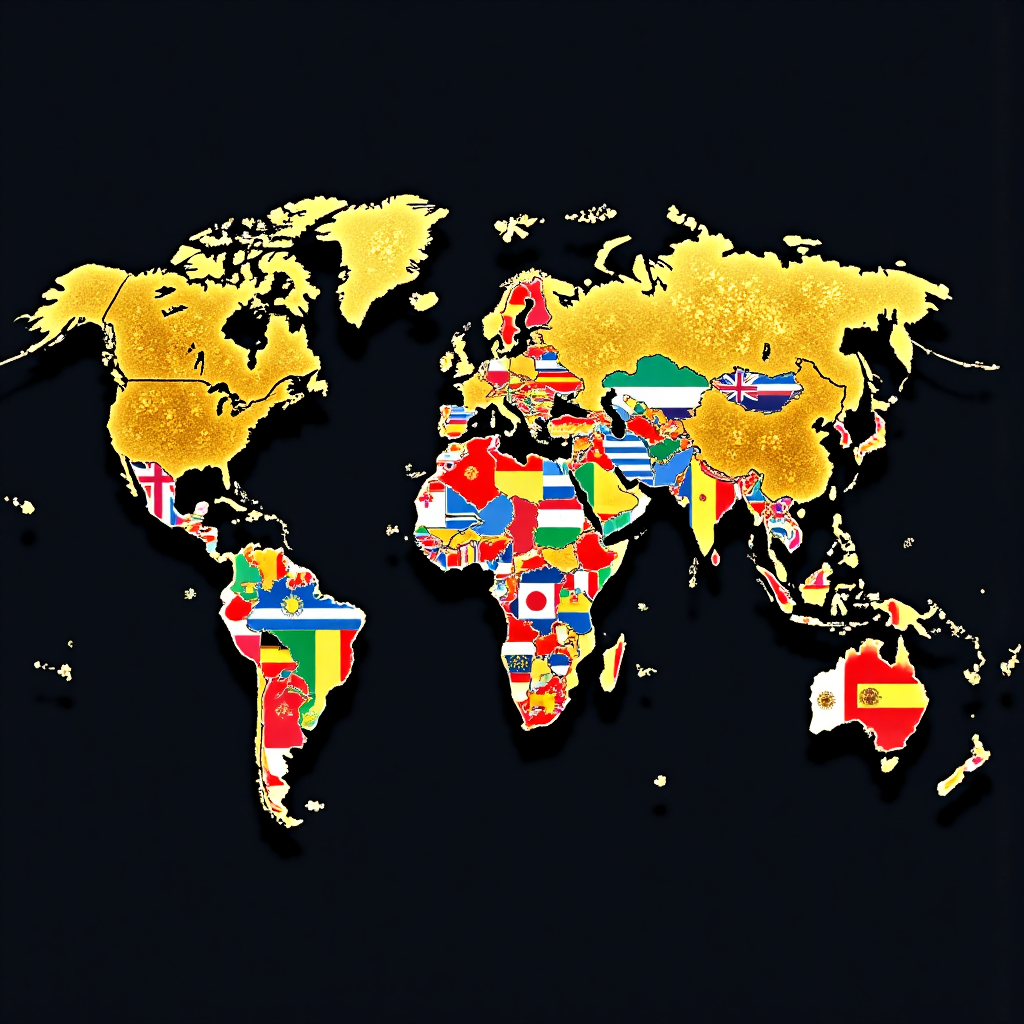 a world map made of shimmering gold dust sprinkled over diverse national flags symbolizing global gold reserves an abstract representation of international economic exchange