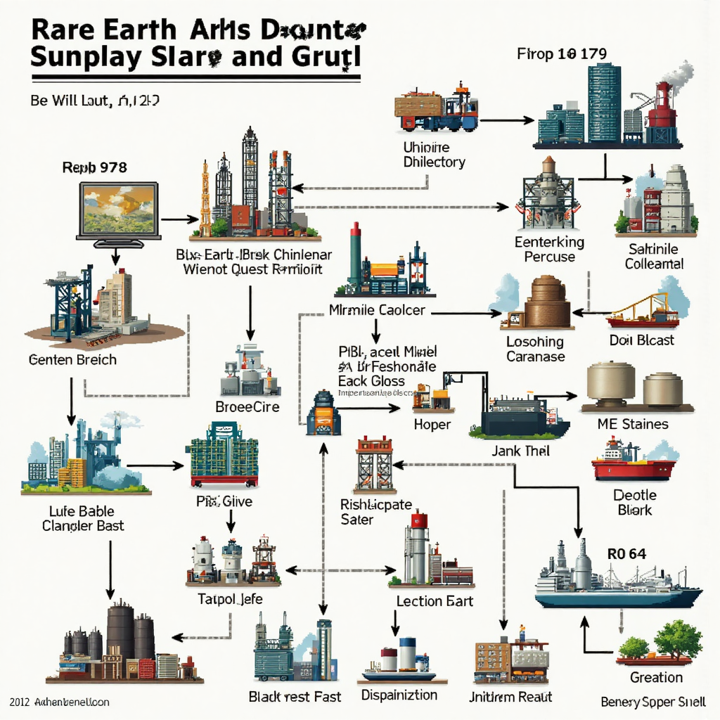 A schematic illustration showing a complex supply chain network focusing on rare earth minerals flowing from a central Japanese facility to global green energy infrastructure projects