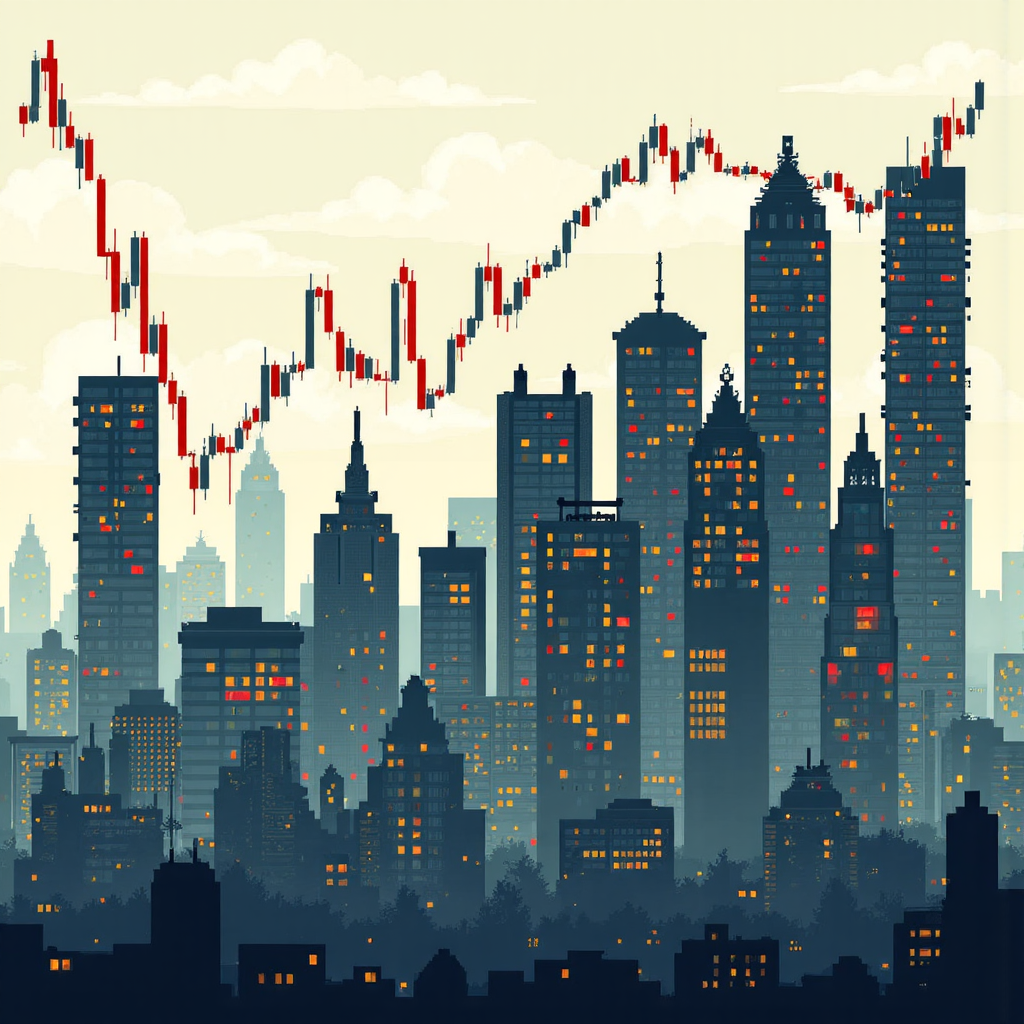 A metaphorical illustration of a financial graph overlaying a cityscape depicting stock market indicators and investor figures with subtle hints of industrial manufacturing in the background