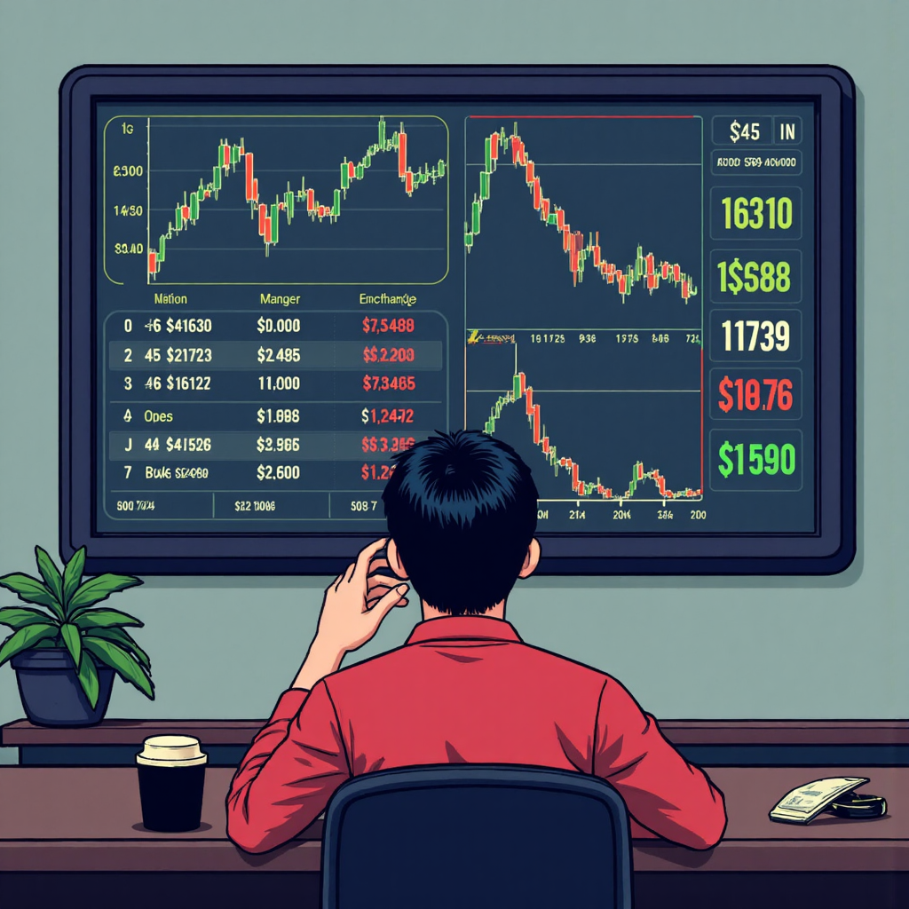 A clear and friendly overhead view of a Taiwanese investor thoughtfully observing a split screen showing a fluctuating dollar exchange rate on one side and a dynamic bond yield graph on the other with subtle green growth indicators