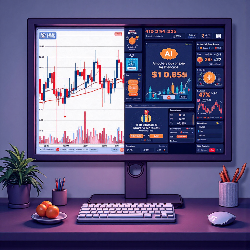 GMMA 移動平均線指標與 AI 簡報工具 Gamma App 的雙重定義像素藝術插圖,展示金融圖表與 AI 生成簡報的融合