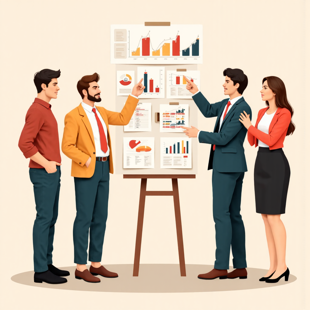 an illustration depicting a diverse group of investors looking at charts and graphs one investor points towards a growing stock price while another examines a bond's steady payout symbolizing the different values associated with financial instruments the art style is modern and approachable with warm color tones