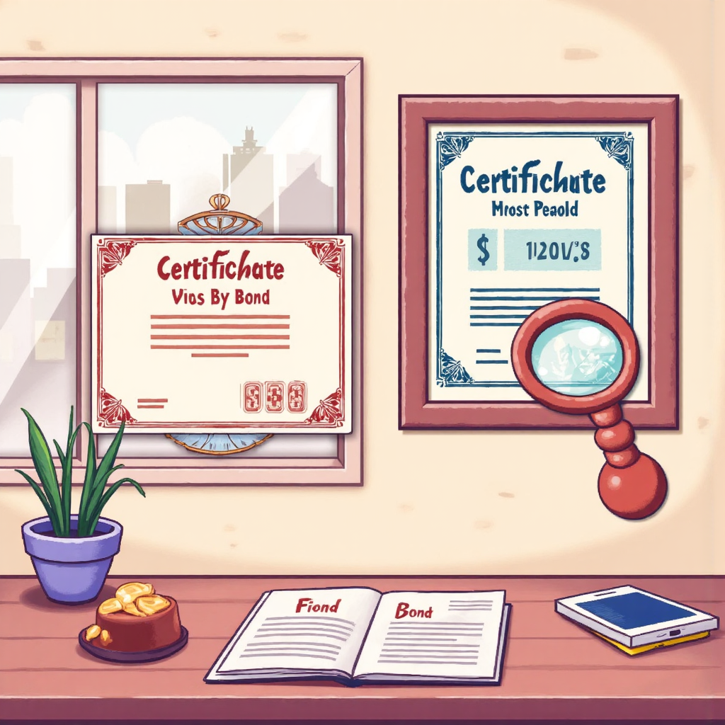 a whimsical illustration of a stock certificate and a bond certificate both with magnifying glasses hovering over their face values the atmosphere is bright and informative with soft pastel colors and gentle lighting