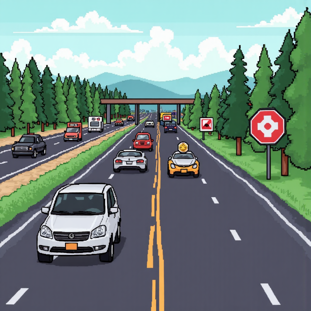 卡通風格插圖,背景為擁擠的以太坊高速公路,前景是平順的 Polygon 側路,MATIC 代幣如收費站或燃料泵,轻鬆明快的視覺呈現