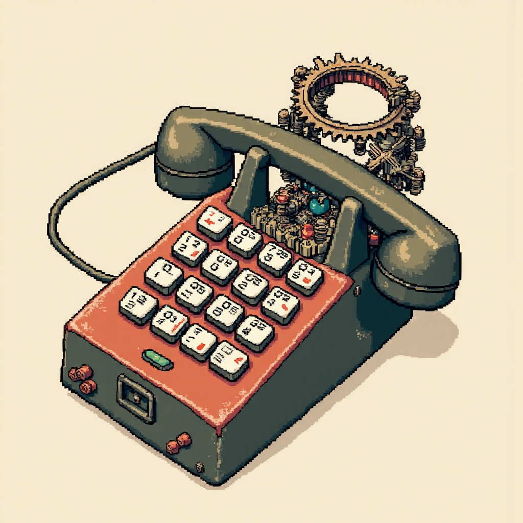 A nostalgic illustration style drawing showing vintage mobile phone keypad components transforming into a stylized gear mechanism representing industrial manufacturing