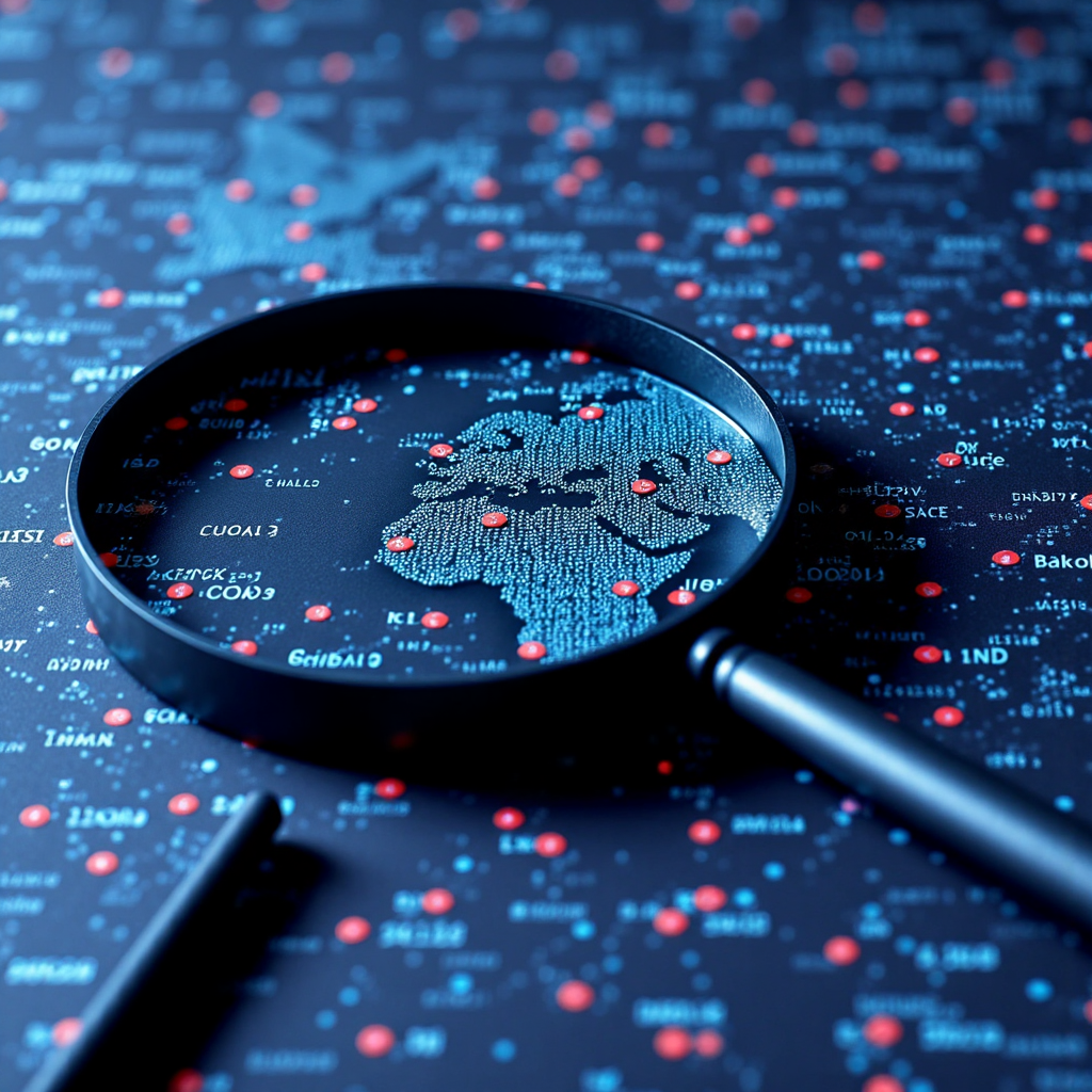 A close-up illustration of a magnifying glass hovering over a complex network of global stock market data streams, highlighting the interconnections between different economies and showing a simplified representation of major US stock indices, executed in a clean, infographic style with a cool color scheme
