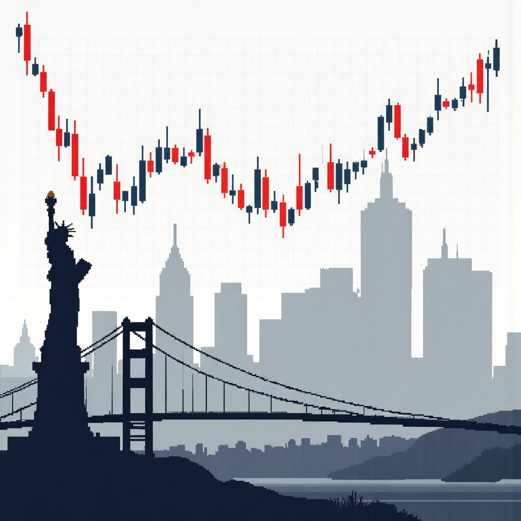 An illustration of financial charts and graphs like candlestick charts and moving averages overlayed on a subtle background of iconic US landmarks like the Statue of Liberty and the Golden Gate Bridge creating a professional yet approachable feel