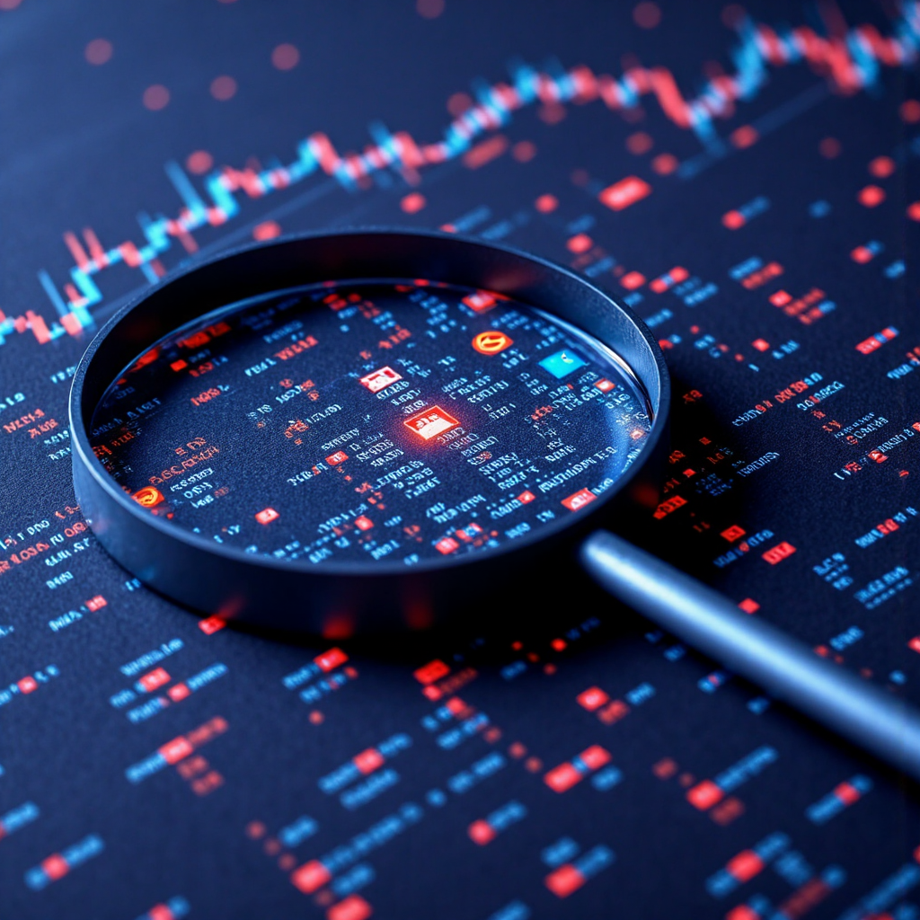 放大鏡檢視數位交易圖表,揭示隱藏模式與安全交易圖示,背景為發光金融資料流,強調盡職調查與尋找可靠平台