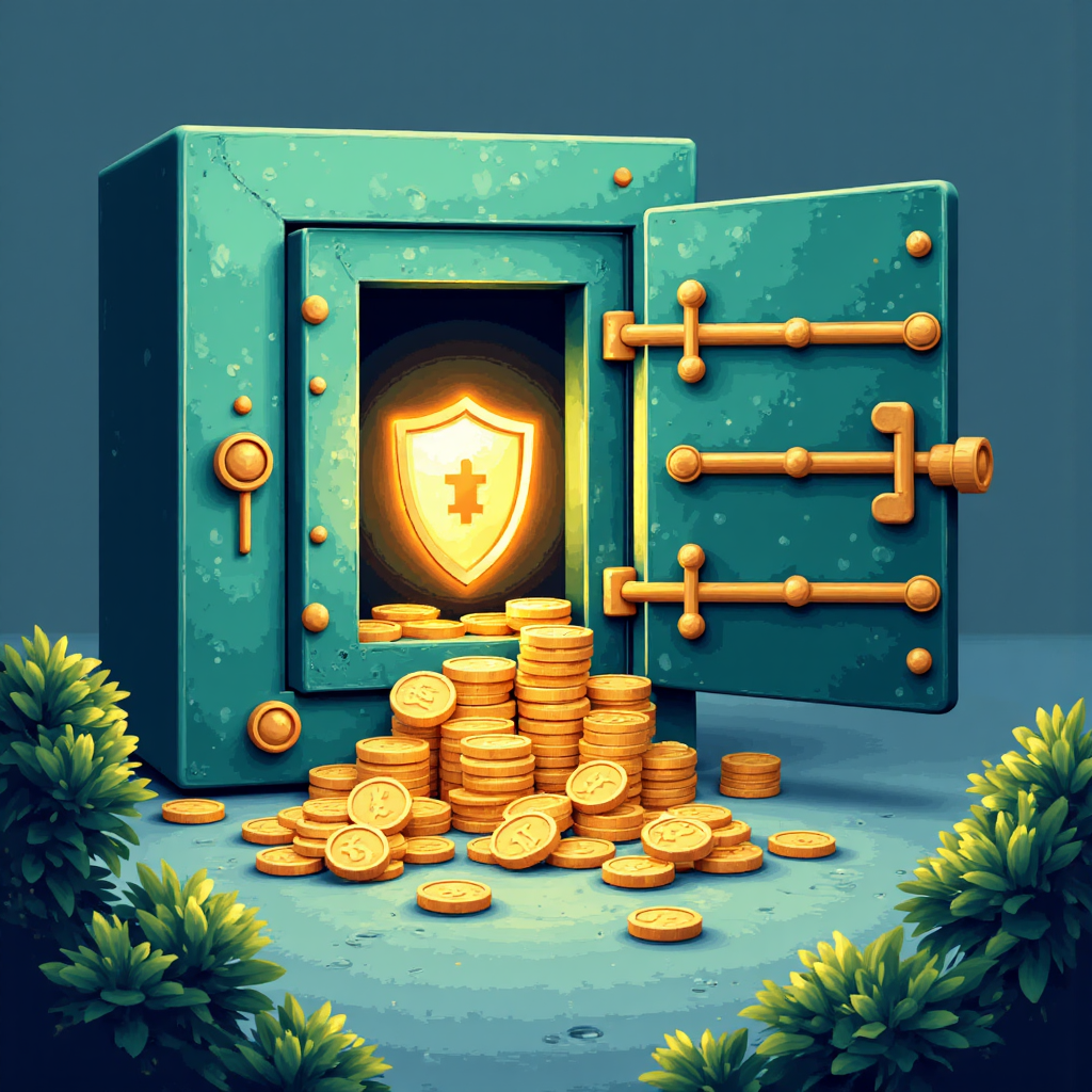 安全的數位金庫充滿金幣,受發光盾牌保護,象徵現代金融安全的抽象圖像,以藍綠色調呈現