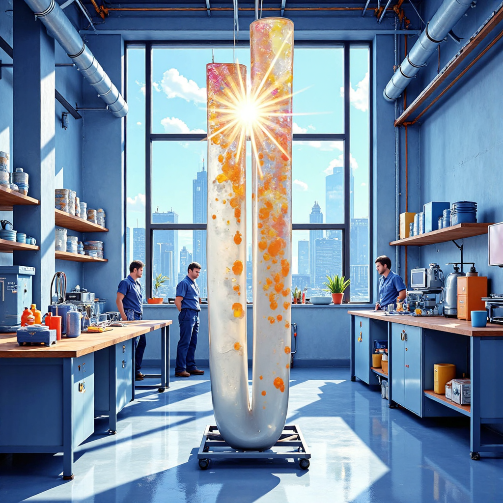detailed stylized illustration focusing on glossy colorful epoxy resins and vinyl ester resins being molded into robust wind turbine blades in a modern clean laboratory setting