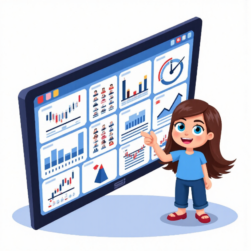 An illustration of various financial analysis tools and apps displayed on a tablet screen with a friendly stylized character pointing at key indicators showing a clear and organized approach to understanding global stock markets