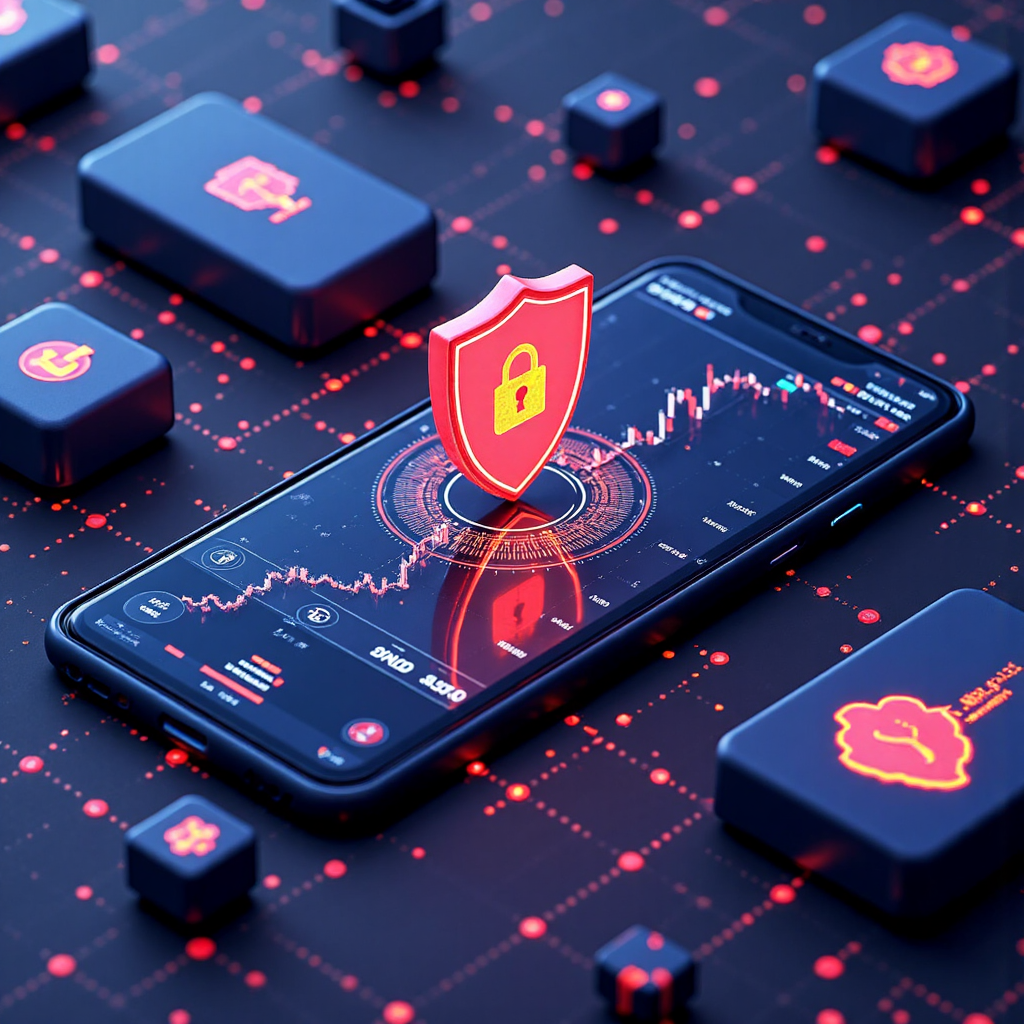 CFD 交易 App 中安全數位交易與資料保護的風格化視覺,強調信任與防護元素如盾牌圖示