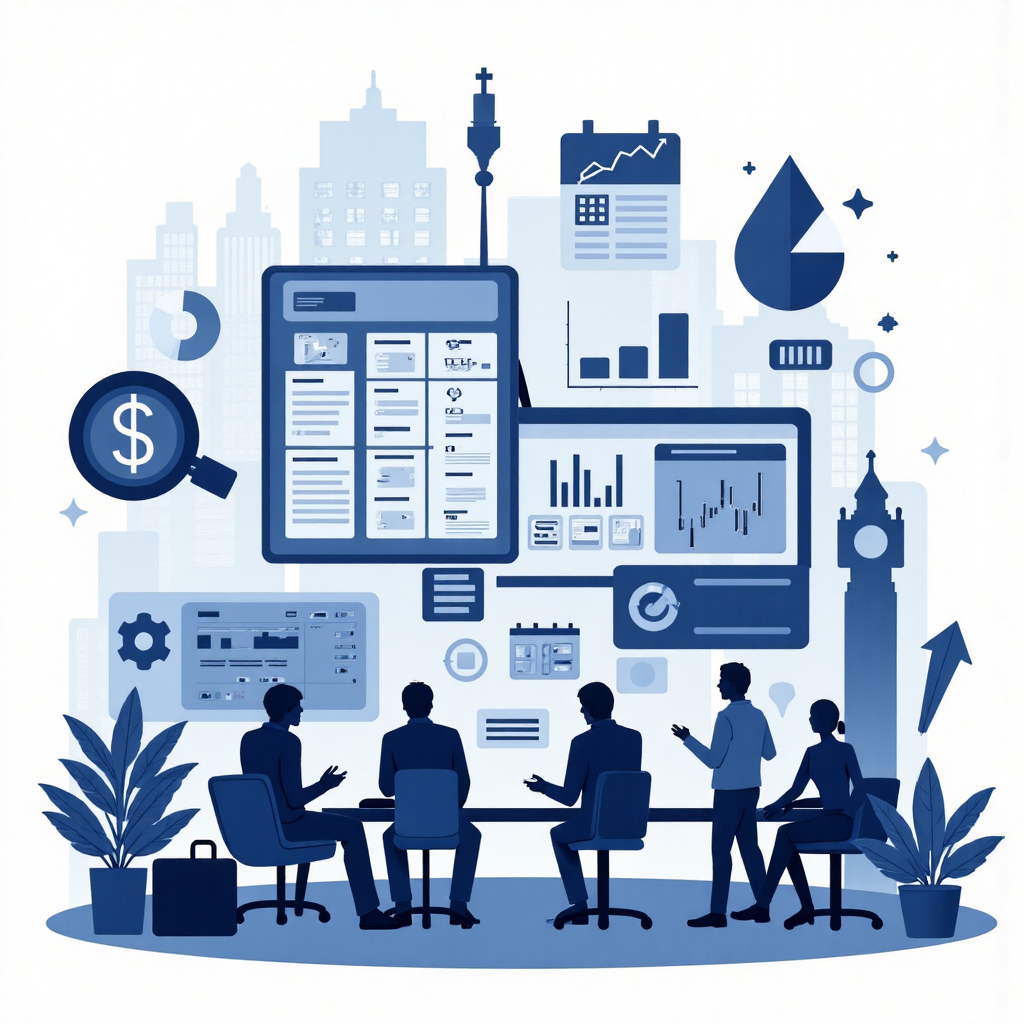 stylized illustration of various financial icons such as charts magnifying glasses and arrows intertwined with silhouettes of traders and large abstract shapes representing institutional capital the scene conveys a sense of strategic data interpretation with a cool color palette and clear visual separation of elements