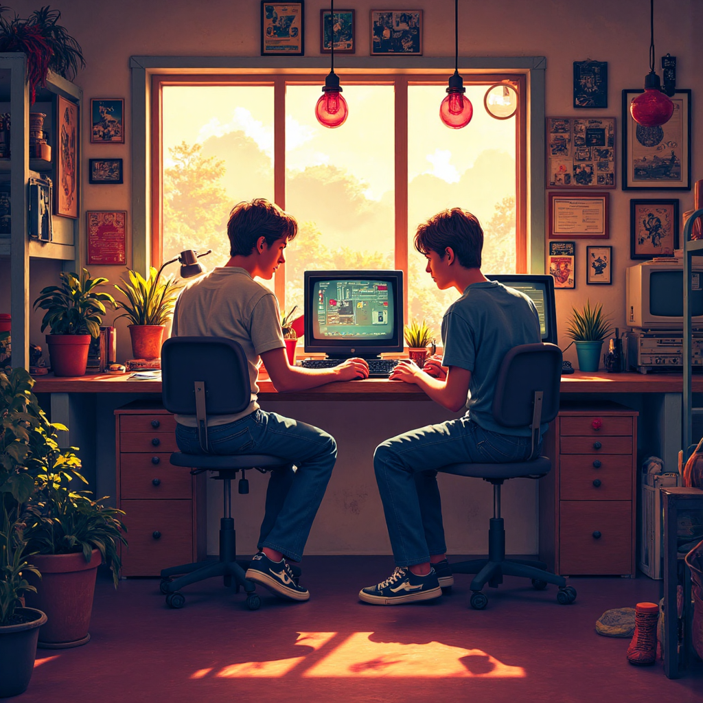 A vibrant illustration of a classic garage scene with two young men intensely working on early computer components bathed in warm, optimistic light