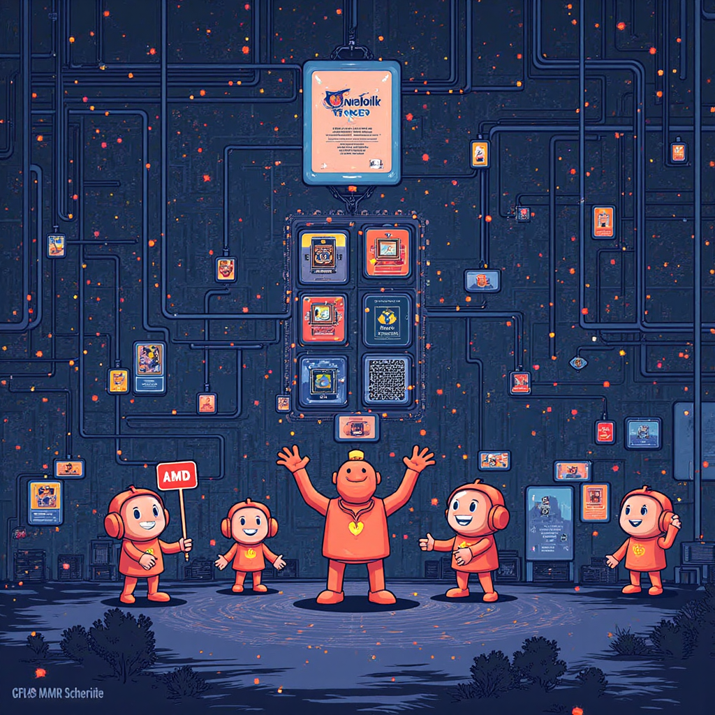 Conceptual cartoon drawing showing a friendly giant character labelled TSMC empowering many smaller characters labelled Apple NVIDIA AMD with glowing blueprints in a stylized global supply chain network