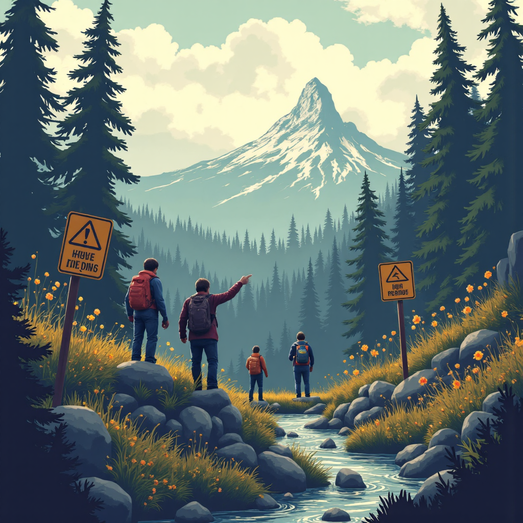 an adventurous scene showing a group of small figures cautiously approaching treacherous terrain marked with warning signs of volatility and doubt with a wise guide pointing towards a distant mountain peak representing a successful investment