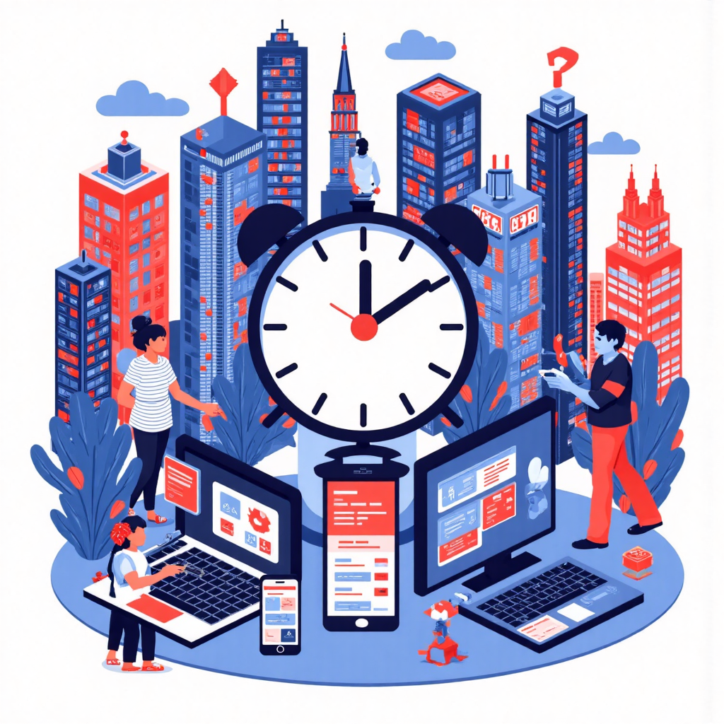Stylized illustration of various financial data sources like websites laptops and mobile apps converging on a central clock face showing important earnings release times in a vibrant yet professional color palette