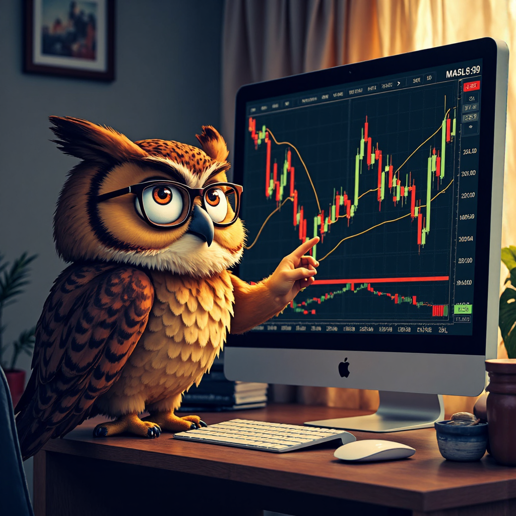 戴眼鏡的智慧貓頭鷹指向股票市場圖表，顯示月線參數設定的移動平均線，金光照亮趨勢分析氛圍